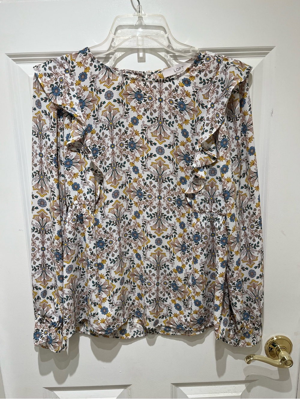 NWT LOFT White Floral Ruffle Long-Sleeve Blouse with Blue & Mustard Size XS